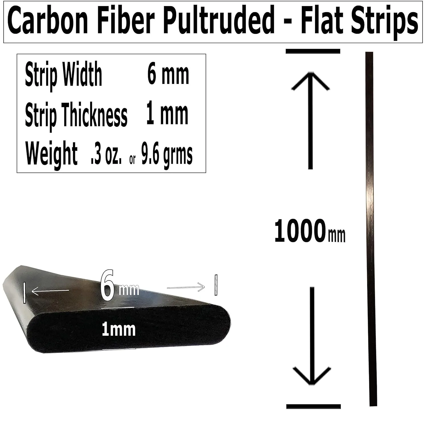 – Flat Carbon Fiber RODS - 1mm x 6mm x 1000mm – Pultruded Flat Solid Rod - Black Matte Finish - Pure Solid Carbon Fibre Flat Strips - for RC Planes-Drones, Boat DIY Craft Projects