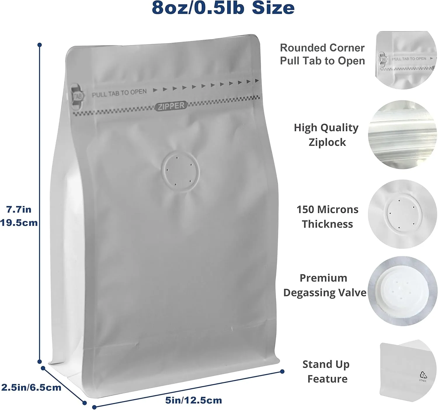 100 Count 8 Ounces White Kraft Paper Coffee Bags - High Barrier Aluminium Foil Liner - Flat Bottom Coffee Pouches with Degassing Valve, Resealable Zipper & Easy Open Tape