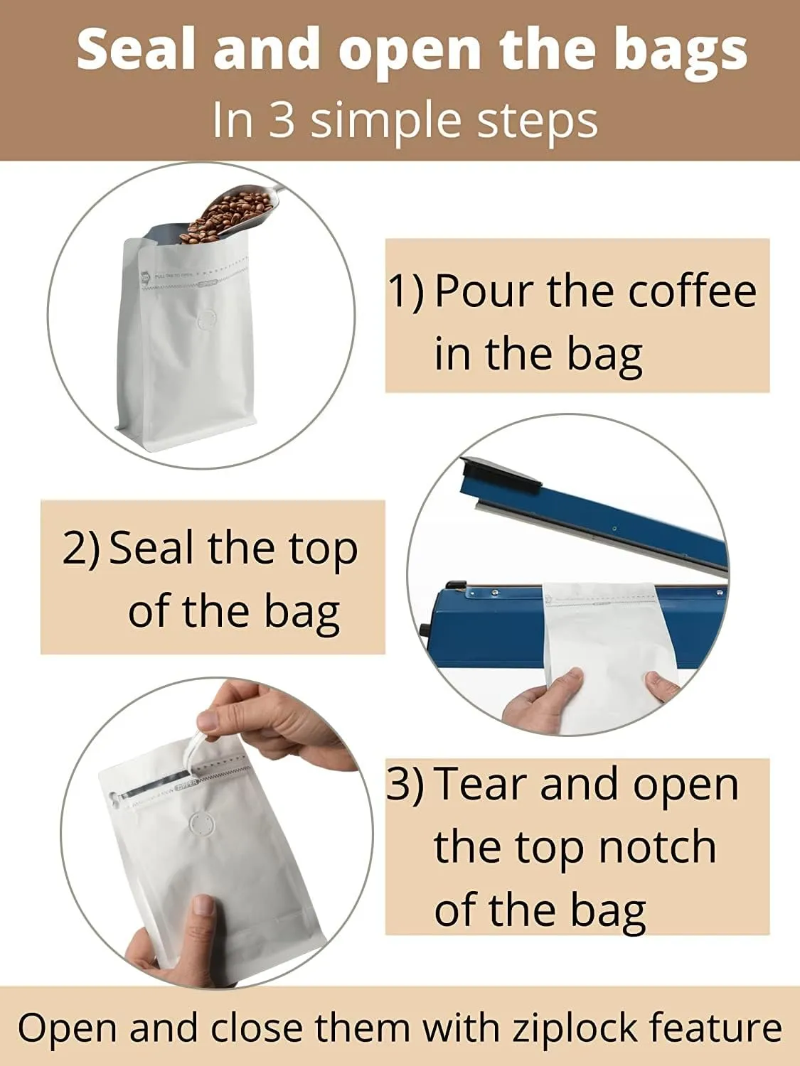 100 Count 8 Ounces White Kraft Paper Coffee Bags - High Barrier Aluminium Foil Liner - Flat Bottom Coffee Pouches with Degassing Valve, Resealable Zipper & Easy Open Tape