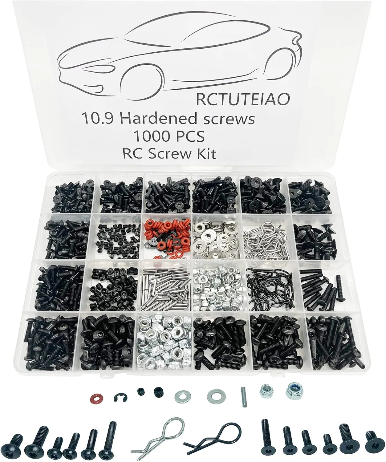 1000pcs Universal RC Screw Kit Screws Assortment Set, Hardware Fasteners for Traxxas Axial Redcat HPI Arrma SCX10 Losi 1/8 1/10 1/12 1/16 Scale RC Cars Trucks Crawler, RC Screw Kit, Body Clips Pins