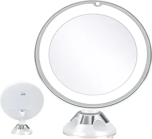 10x Magnification Illuminated Vanity Mirror with LED Suction Cups, 6.1" Lighted Makeup Mirror with 3 Color Brightness Adjustable, 360° Rotation Vanity, Pearl White