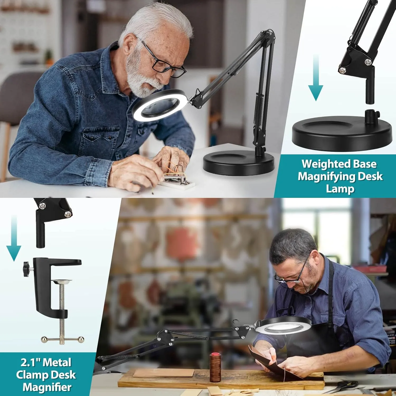 10X Magnifying Glass with Light and Stand, 2-in-1 Desk Lamp & Clamp Light, 5 Color Modes, Brightness Stepless Dimmable LED Lighted Magnifier Hands Free, Magnifier Lamp for Close Work, Reading