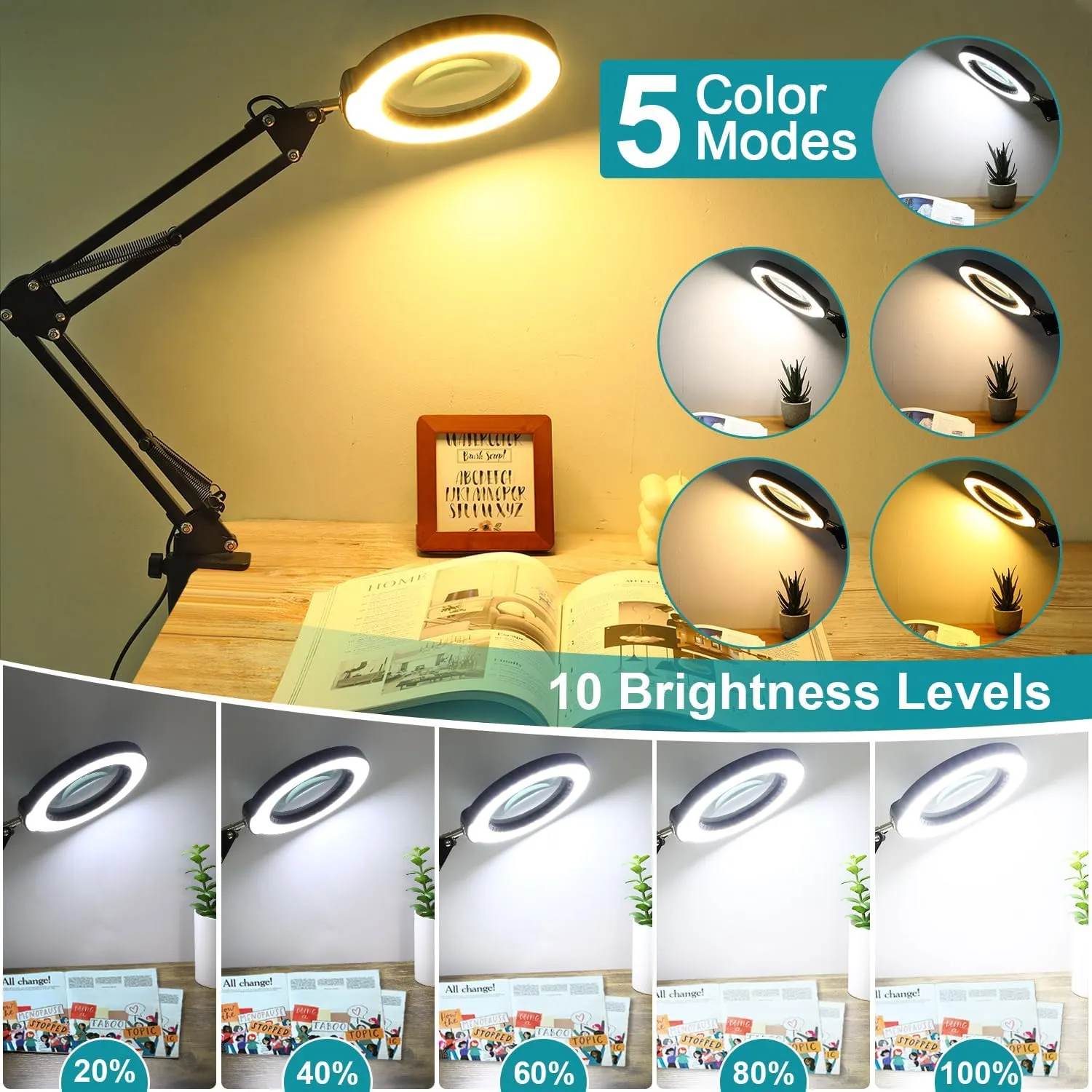 10X Magnifying Glass with Light and Stand, 2-in-1 Desk Lamp & Clamp Light, 5 Color Modes, Brightness Stepless Dimmable LED Lighted Magnifier Hands Free, Magnifier Lamp for Close Work, Reading