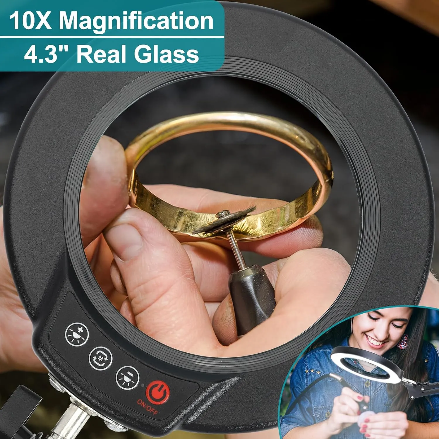 10X Magnifying Glass with Light and Stand, 2-in-1 Desk Lamp & Clamp Light, 5 Color Modes, Brightness Stepless Dimmable LED Lighted Magnifier Hands Free, Magnifier Lamp for Close Work, Reading