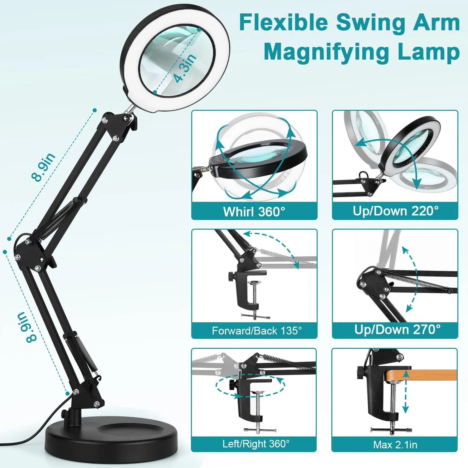10X Magnifying Glass with Light and Stand, 2-in-1 Desk Lamp & Clamp Light, 5 Color Modes, Brightness Stepless Dimmable LED Lighted Magnifier Hands Free, Magnifier Lamp for Close Work, Reading