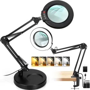 10X Magnifying Glass with Light and Stand, 2-in-1 Desk Lamp & Clamp Light, 5 Color Modes, Brightness Stepless Dimmable LED Lighted Magnifier Hands Free, Magnifier Lamp for Close Work, Reading