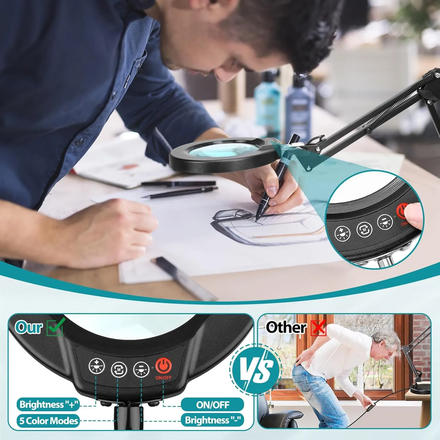 10X Magnifying Glass with Light and Stand, 2-in-1 Desk Lamp & Clamp Light, 5 Color Modes, Brightness Stepless Dimmable LED Lighted Magnifier Hands Free, Magnifier Lamp for Close Work, Reading