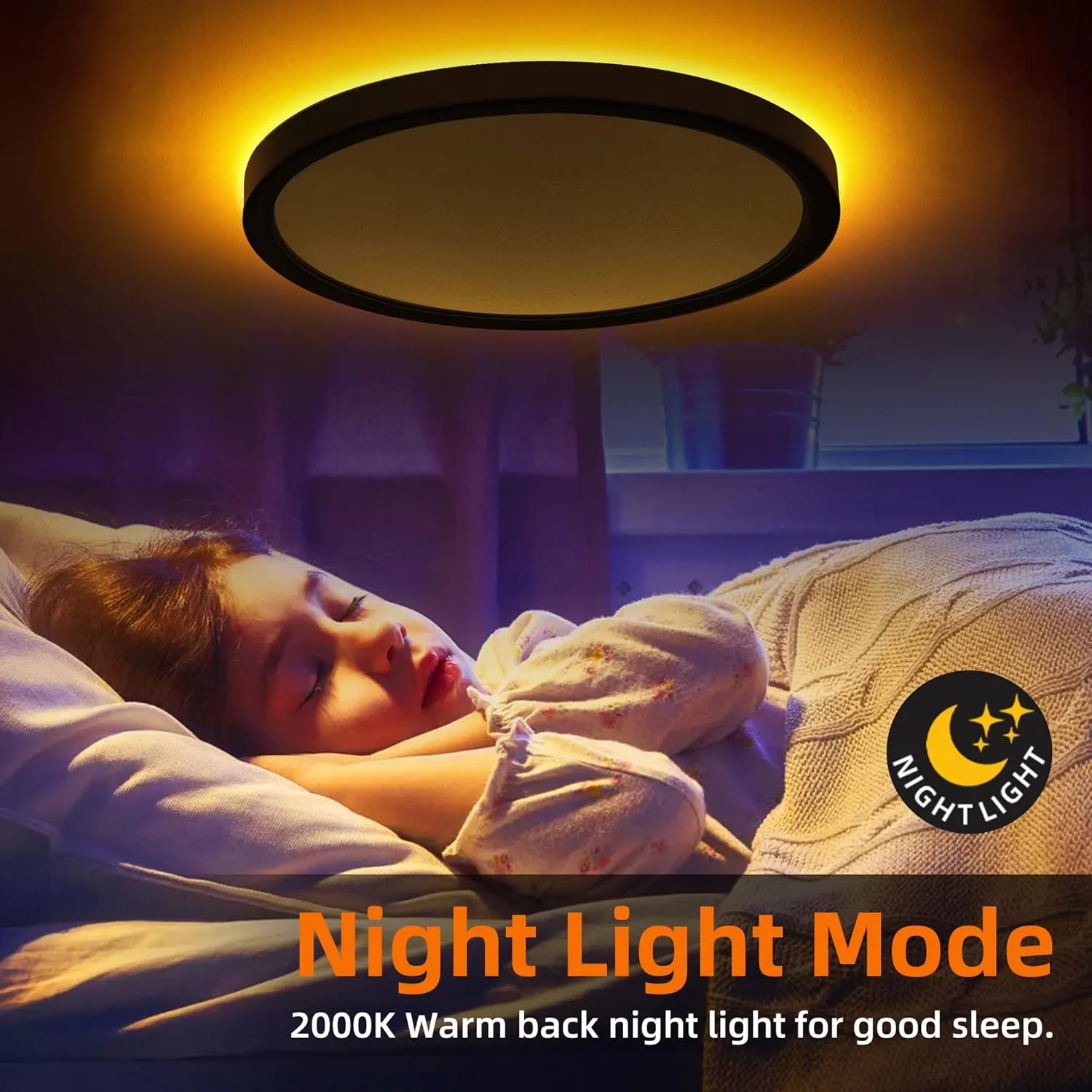 12 Inch Flush Mount LED Ceiling Light with Night Light, 24W, 2400lm, 3000K/4000K/5000K Selectable, Flat Lights for Ceiling, Dimmable LED Ceiling Light for Bedroom, Kitchen, Black(2Pack)