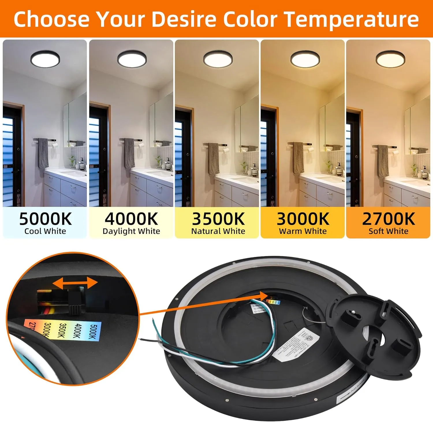 12 Inch Flush Mount LED Ceiling Light with Night Light, 24W, 2400lm, 3000K/4000K/5000K Selectable, Flat Lights for Ceiling, Dimmable LED Ceiling Light for Bedroom, Kitchen, Black(2Pack)