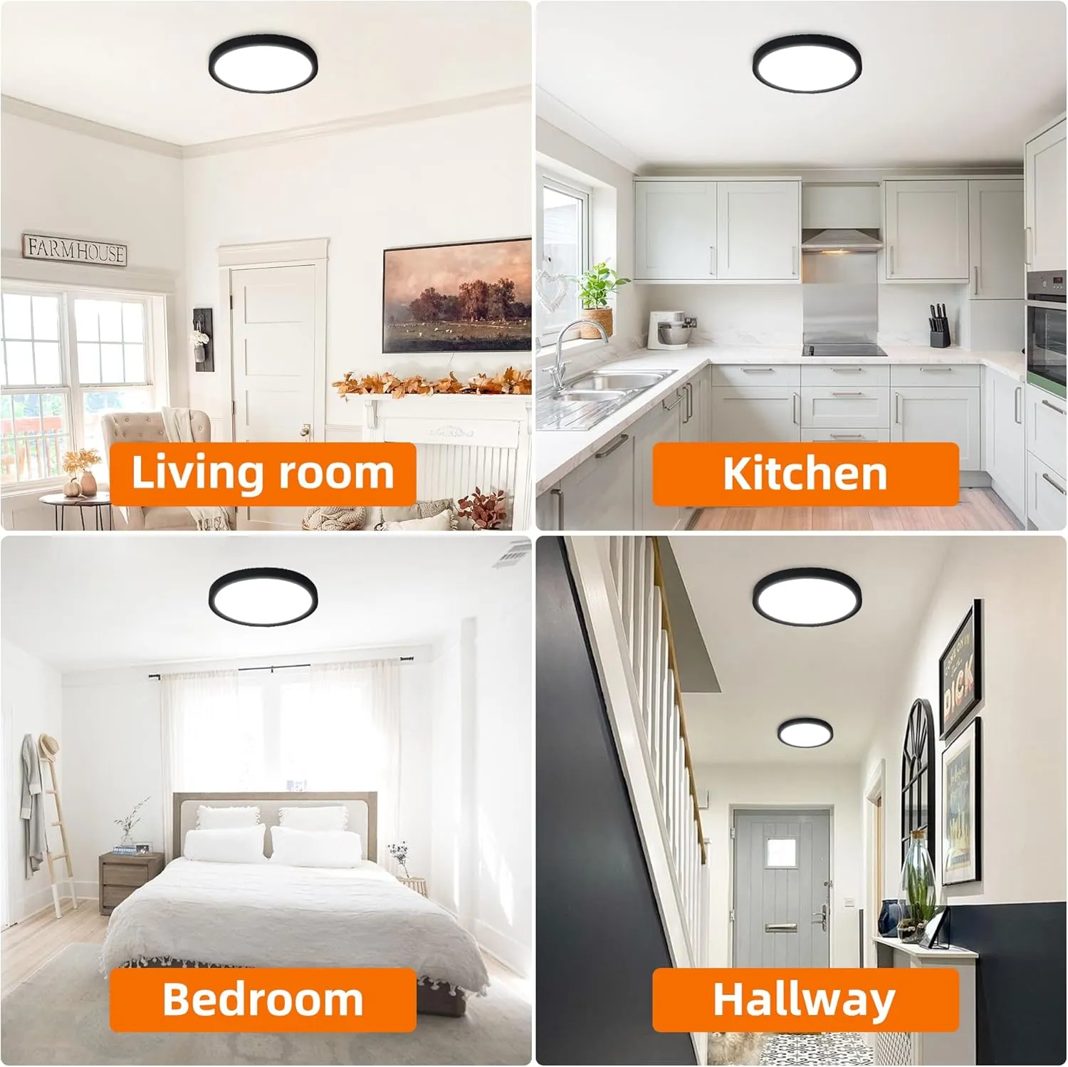 12 Inch Flush Mount LED Ceiling Light with Night Light, 24W, 2400lm, 3000K/4000K/5000K Selectable, Flat Lights for Ceiling, Dimmable LED Ceiling Light for Bedroom, Kitchen, Black(2Pack)