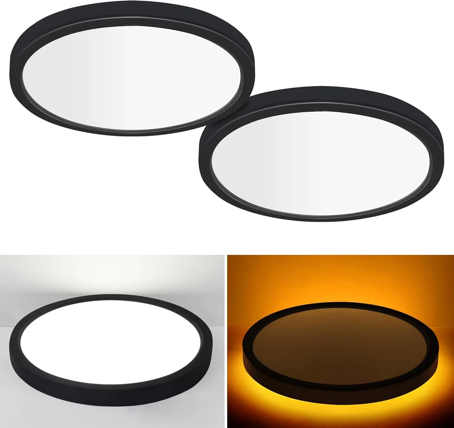 12 Inch Flush Mount LED Ceiling Light with Night Light, 24W, 2400lm, 3000K/4000K/5000K Selectable, Flat Lights for Ceiling, Dimmable LED Ceiling Light for Bedroom, Kitchen, Black(2Pack)