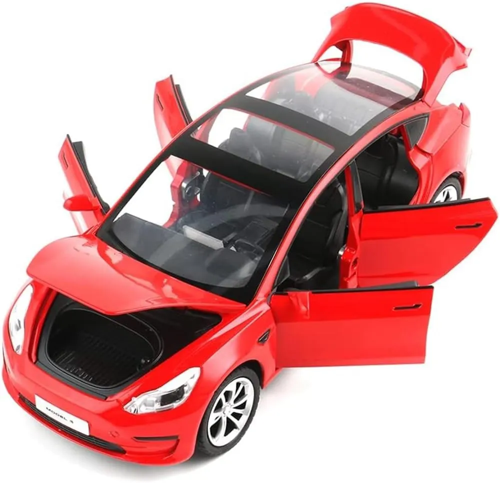 1/24 Diecast Model 3 Toy Car, Alloy Casting Model 3 Model Car Pull Back Collectible Vehicles with Sound and Light, 6 Open Doors, Model 3 Diecast Model Car Toy for Kids Adults (Red)