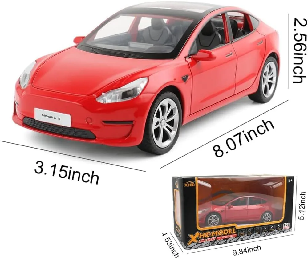 1/24 Diecast Model 3 Toy Car, Alloy Casting Model 3 Model Car Pull Back Collectible Vehicles with Sound and Light, 6 Open Doors, Model 3 Diecast Model Car Toy for Kids Adults (Red)