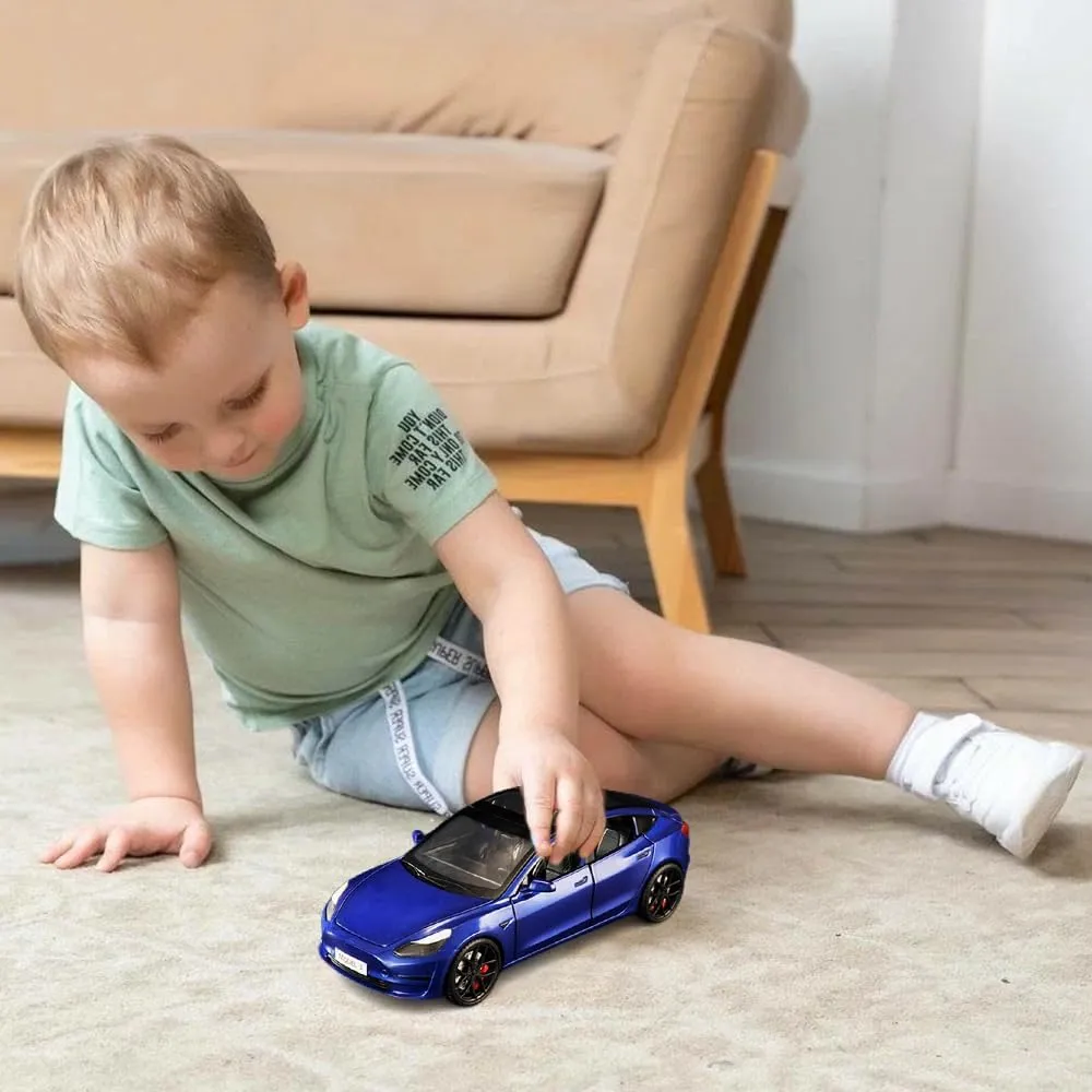 1/24 Diecast Model 3 Toy Car, Alloy Model 3 Model Car Pull Back Collectible Model 3 Vehicles with Light, 6 Open Doors, Exquisite Model 3 Diecast Car Model Toy for Kids Adults (Blue)