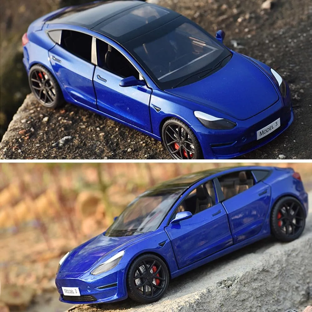1/24 Diecast Model 3 Toy Car, Alloy Model 3 Model Car Pull Back Collectible Model 3 Vehicles with Light, 6 Open Doors, Exquisite Model 3 Diecast Car Model Toy for Kids Adults (Blue)