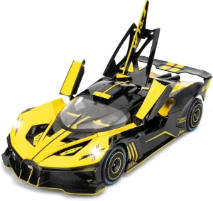1/24 Scale Bugatti Bolide Alloy Toy Car, Sound and Light Pull Back Collection 4 Doors Opend Toy Vehicles for Kids Gift Yellow