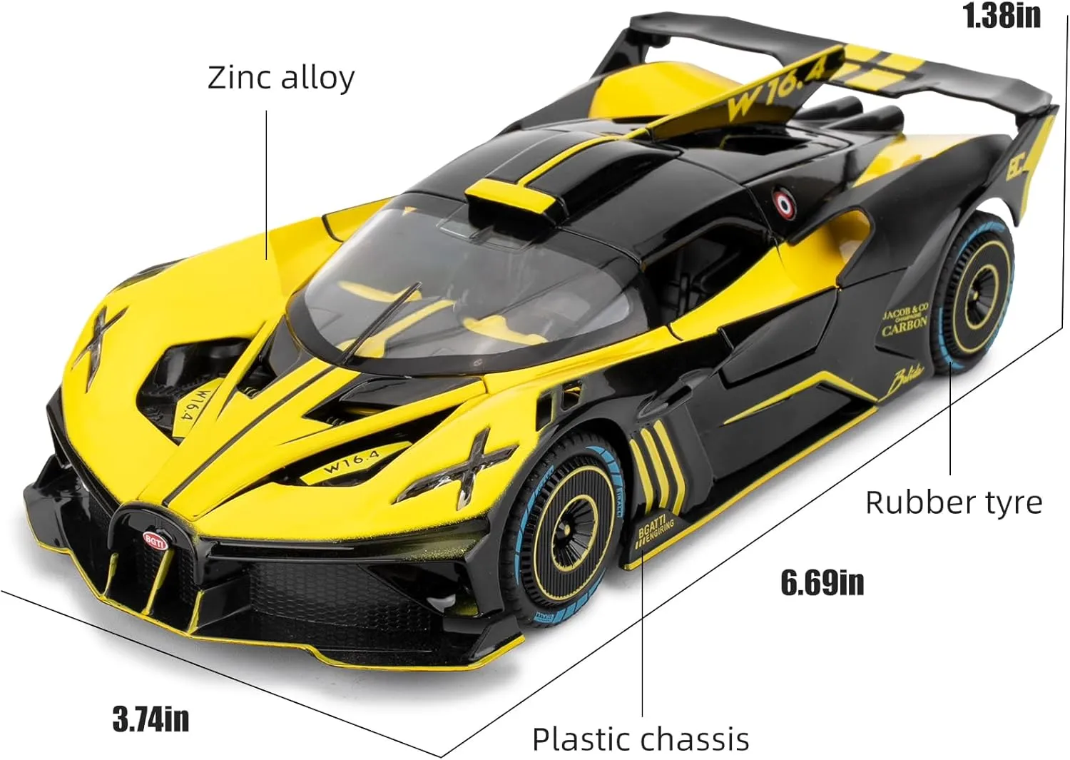 1/24 Scale Bugatti Bolide Alloy Toy Car, Sound and Light Pull Back Collection 4 Doors Opend Toy Vehicles for Kids Gift Yellow