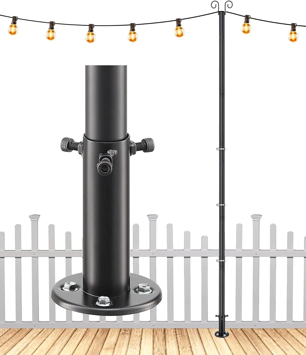 12FT String Light Poles - 2 Pack Deck Light Poles for Outside String Lights Heavy Duty with Anchor Based and Bracket - Waterproof Outdoor Patio Light Poles for Wedding, Party