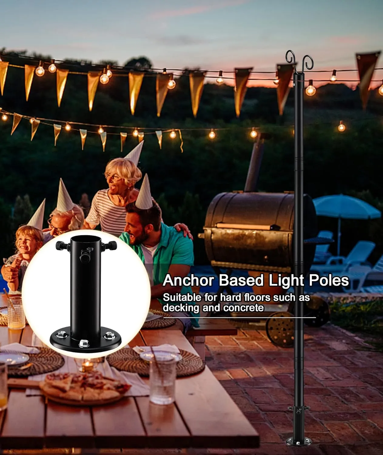 12FT String Light Poles - 2 Pack Deck Light Poles for Outside String Lights Heavy Duty with Anchor Based and Bracket - Waterproof Outdoor Patio Light Poles for Wedding, Party