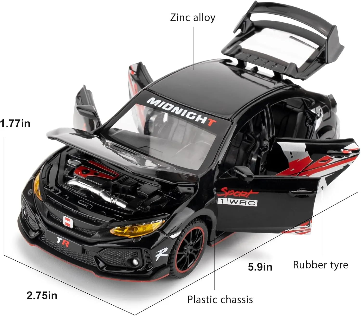 1/32 Toy Car for Civic Type-R Diecast Toy Vehicle Metal Pull Back Model Car with Light and Sound for Kids Adults Gift(Black)