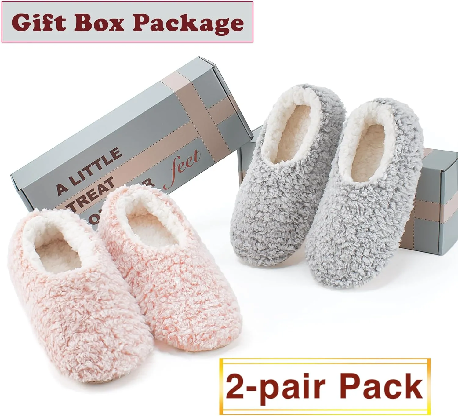 2-Pair Thick Warm Fuzzy Slippers for Women Indoor Fluffy Sherpa Lined, Winter House Shoe Socks Non-Slip Soft Soles, Cozy Christmas Gifts
