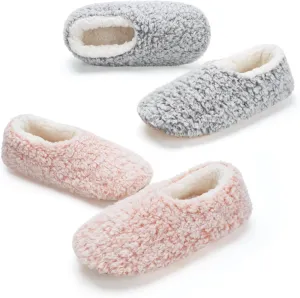 2-Pair Thick Warm Fuzzy Slippers for Women Indoor Fluffy Sherpa Lined, Winter House Shoe Socks Non-Slip Soft Soles, Cozy Christmas Gifts