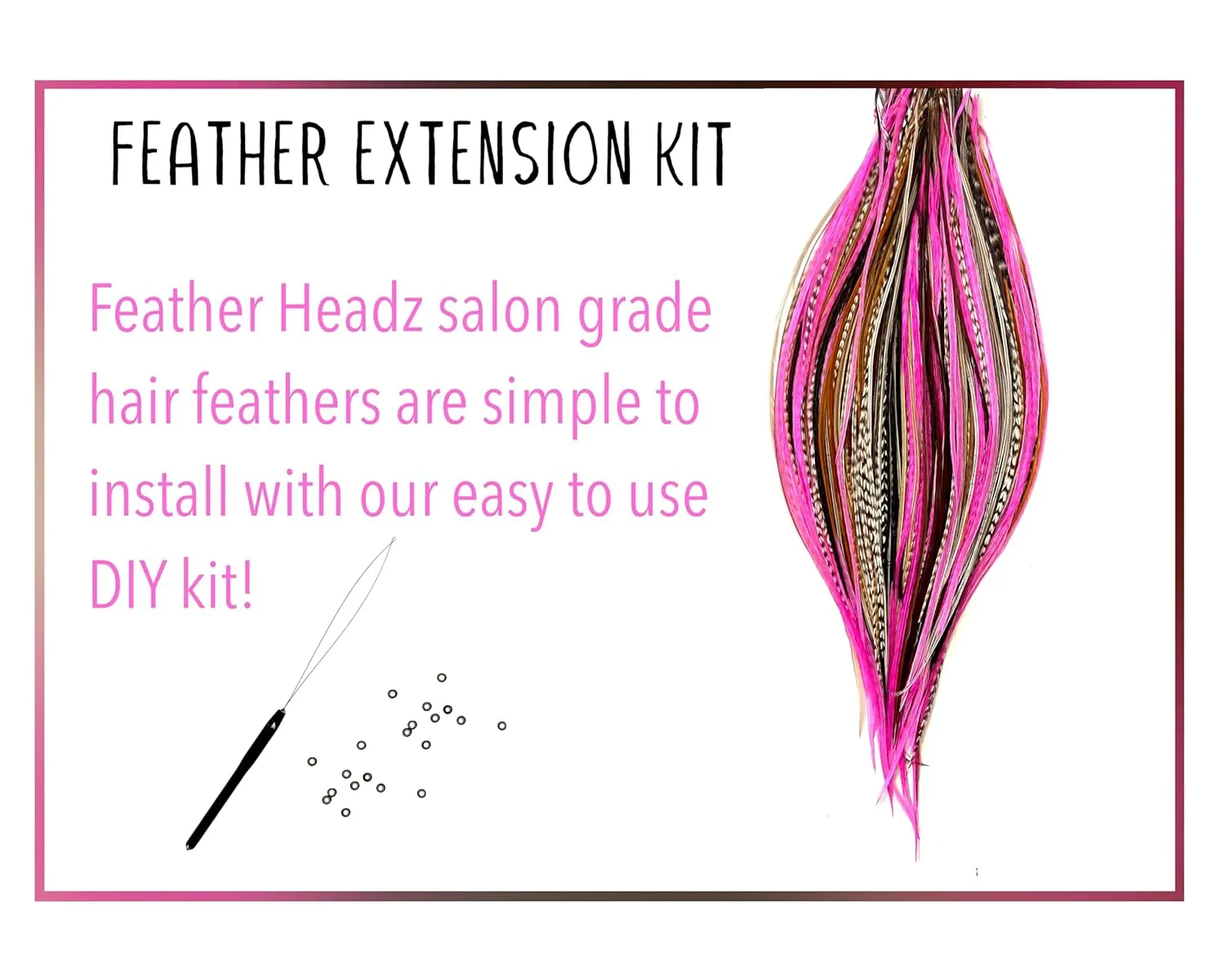 21 Natural & Hot Pink Color Hair Feathers - 7”- 12” Long - Feathers for Hair Extension, Rooster Feathers DIY Kit - Eye-Catching Design - 20 Micro-link Beads - 100% Real Rooster Feathers