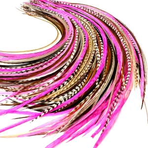 21 Natural & Hot Pink Color Hair Feathers - 7”- 12” Long - Feathers for Hair Extension, Rooster Feathers DIY Kit - Eye-Catching Design - 20 Micro-link Beads - 100% Real Rooster Feathers