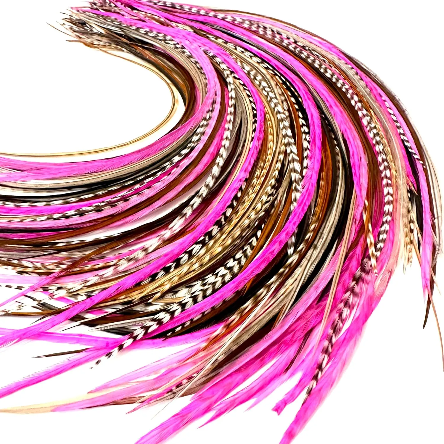 21 Natural & Hot Pink Color Hair Feathers - 7”- 12” Long - Feathers for Hair Extension, Rooster Feathers DIY Kit - Eye-Catching Design - 20 Micro-link Beads - 100% Real Rooster Feathers