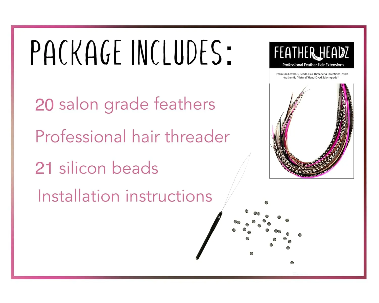 21 Natural & Hot Pink Color Hair Feathers - 7”- 12” Long - Feathers for Hair Extension, Rooster Feathers DIY Kit - Eye-Catching Design - 20 Micro-link Beads - 100% Real Rooster Feathers