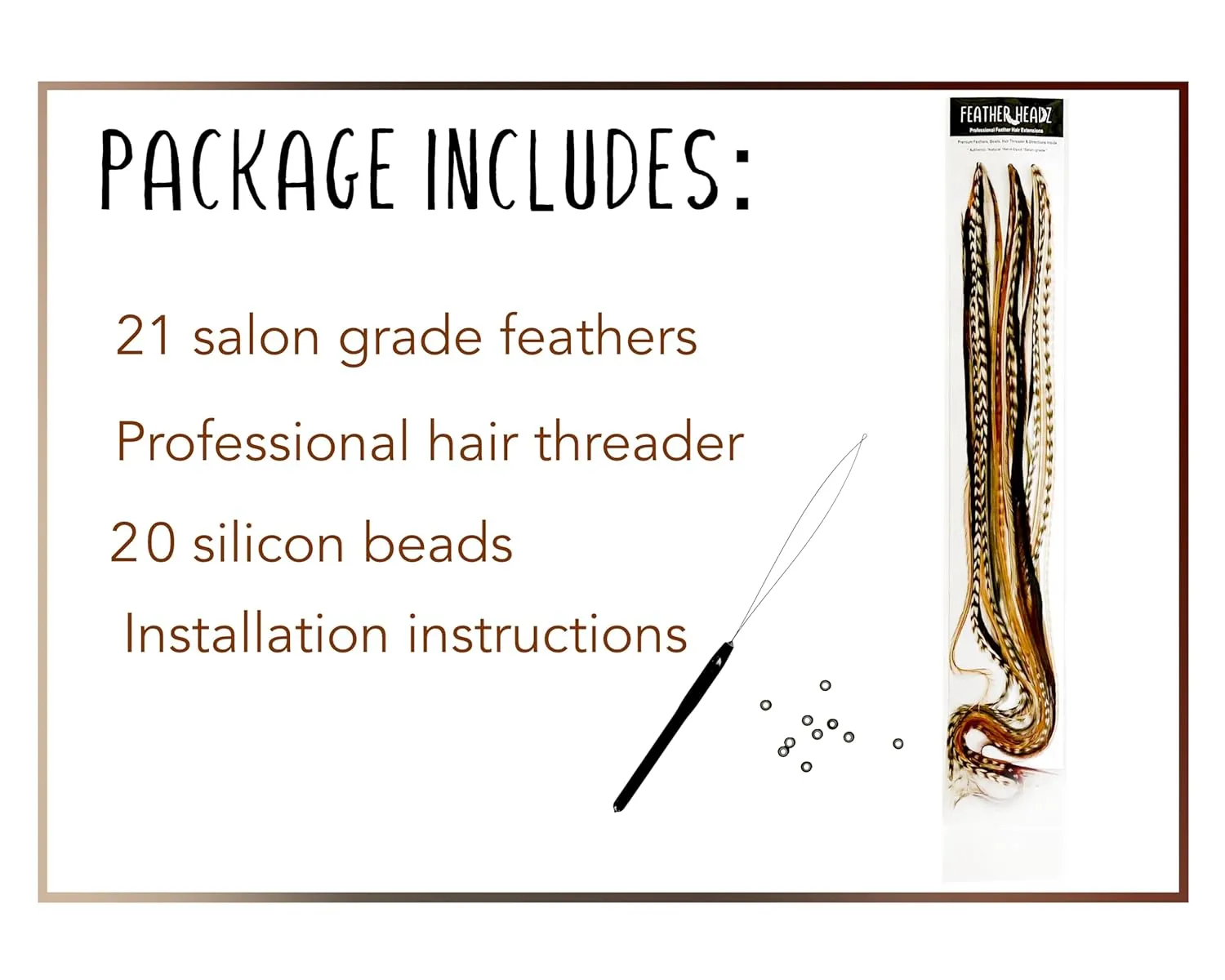 21 Natural Color Hair Feathers - 9"-14" Long - Extension DIY Kit - Eye-Catching Design - 20 Micro-link Beads - 100% Real Rooster Feathers - Professional Color