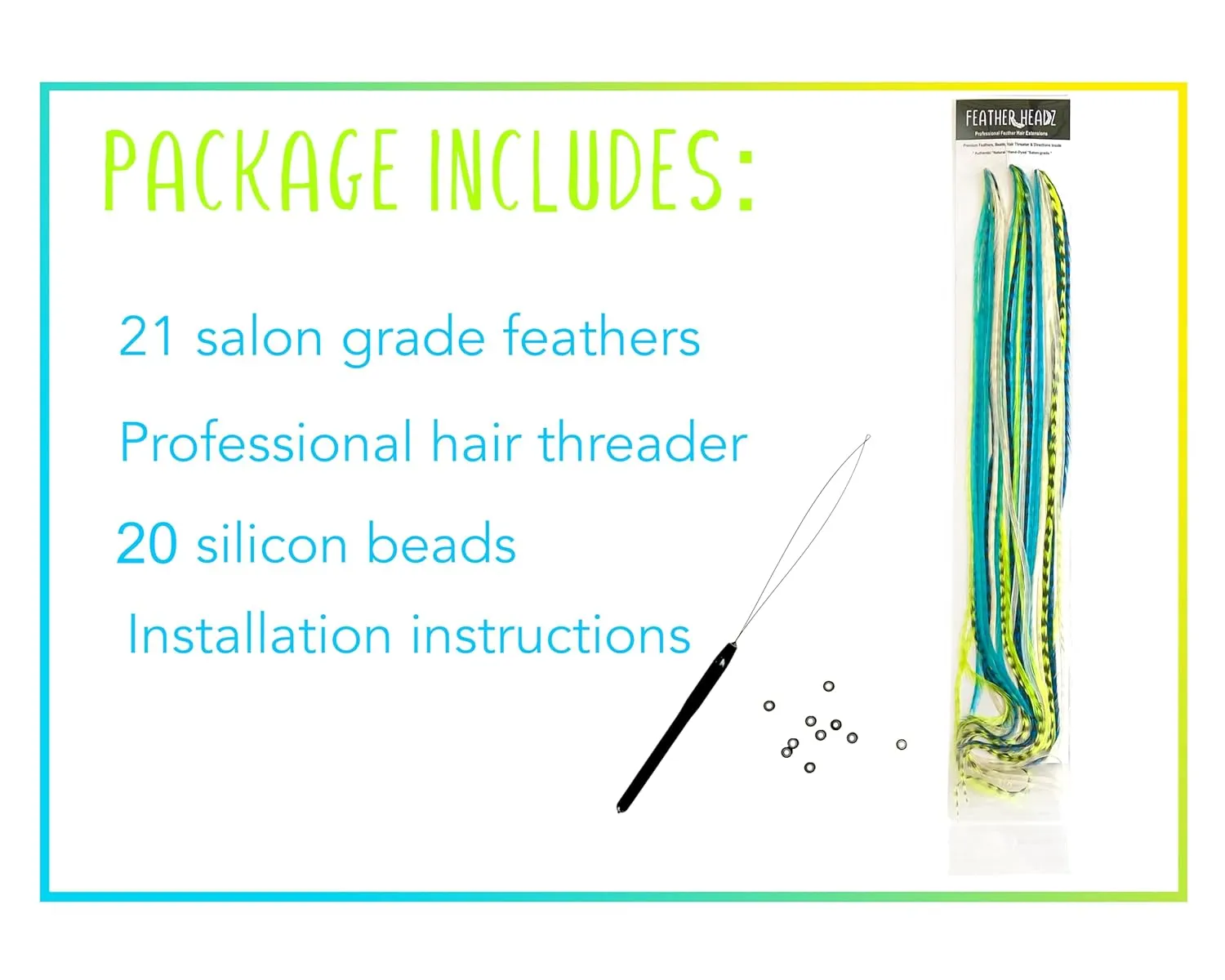 21 Neon Green & Turquoise Color Hair Feathers - 9”- 14” Long - Feathers for Hair Extension, Hair Extension DIY Kit - Eye-Catching Design - 20 Micro-link Beads - 100% Real Rooster Feathers