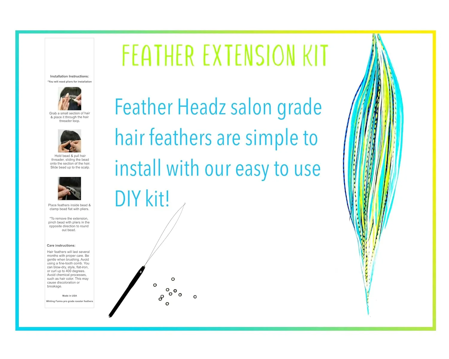 21 Neon Green & Turquoise Color Hair Feathers - 9”- 14” Long - Feathers for Hair Extension, Hair Extension DIY Kit - Eye-Catching Design - 20 Micro-link Beads - 100% Real Rooster Feathers