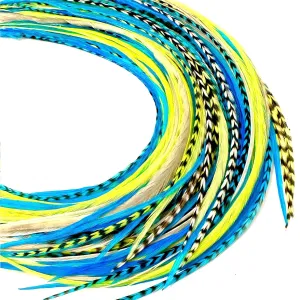 21 Neon Green & Turquoise Color Hair Feathers - 9”- 14” Long - Feathers for Hair Extension, Hair Extension DIY Kit - Eye-Catching Design - 20 Micro-link Beads - 100% Real Rooster Feathers