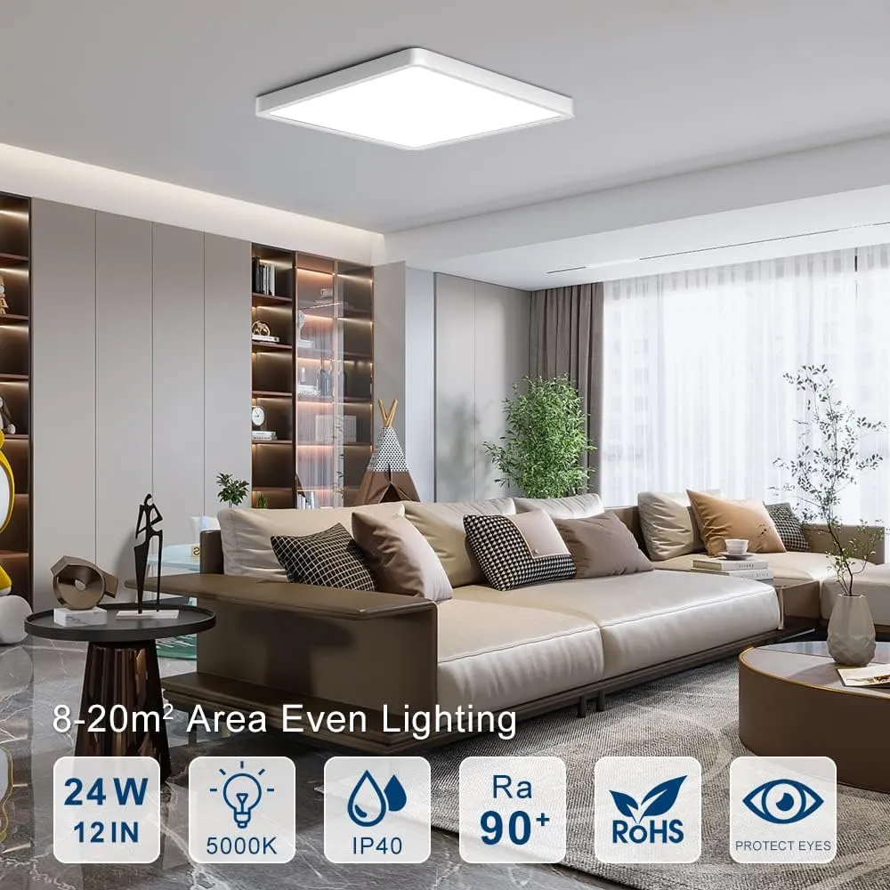24W 12inch LED Flush Mount Ceiling Light Square Ceiling Light Super Thin 5000k Daylight White Flat Panel Modern Lighting Fixture 3200 Lumen Lights for Bathroom Kitchen Hallway Stairwell Living Room