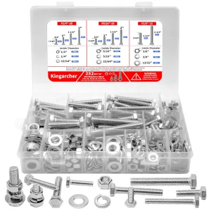 252 PCS Stainless Steel Hex Head Nuts and Bolts Assortment Set, 1/4”-20, 5/16”-18, 3/8”-16 Heavy-Duty Hardware & Fastener Kit with Flat & Lock Washers, Bolt and Nut Assortment Kit in Storage Case