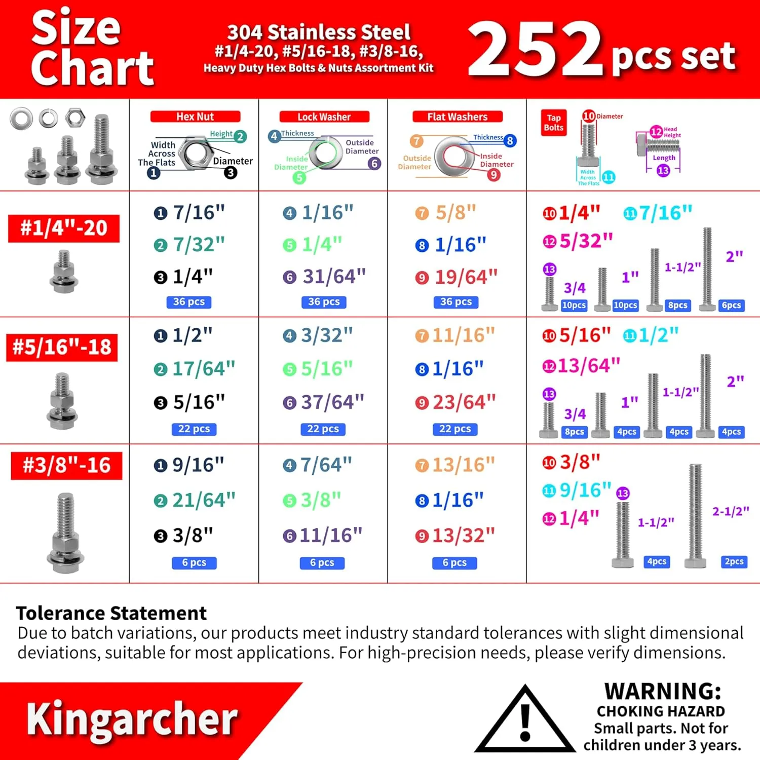 252 PCS Stainless Steel Hex Head Nuts and Bolts Assortment Set, 1/4”-20, 5/16”-18, 3/8”-16 Heavy-Duty Hardware & Fastener Kit with Flat & Lock Washers, Bolt and Nut Assortment Kit in Storage Case