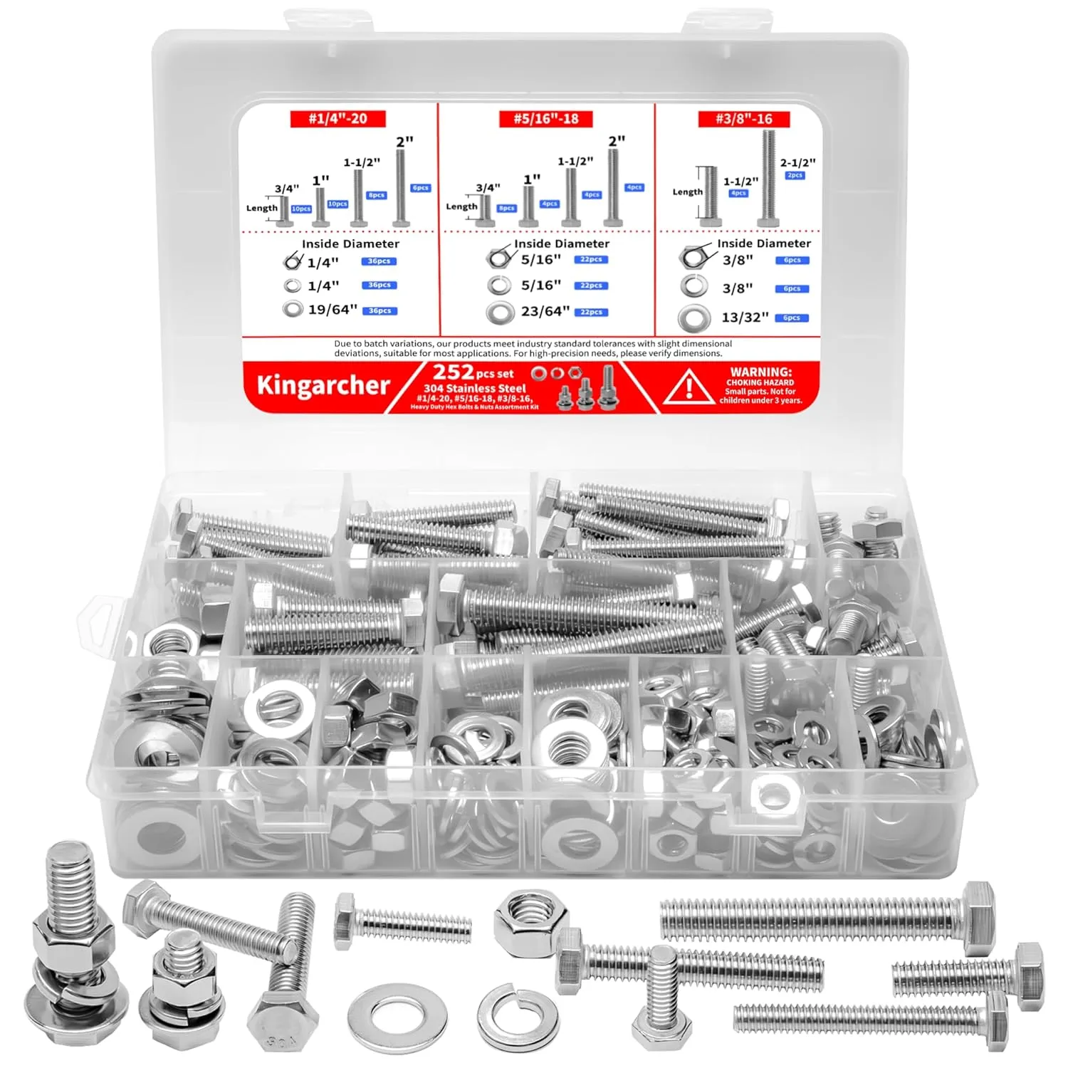 252 PCS Stainless Steel Hex Head Nuts and Bolts Assortment Set, 1/4”-20, 5/16”-18, 3/8”-16 Heavy-Duty Hardware & Fastener Kit with Flat & Lock Washers, Bolt and Nut Assortment Kit in Storage Case