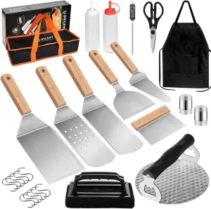 26pcs Griddle Accessories Kit for Blackstone Professional Flat Top Grill Tools, BBQ Spatula Gift Set with Enlarged Spatulas, Burger Press, Thermometer, Apron for Outdoor, Camping, Backyard Teppanyaki