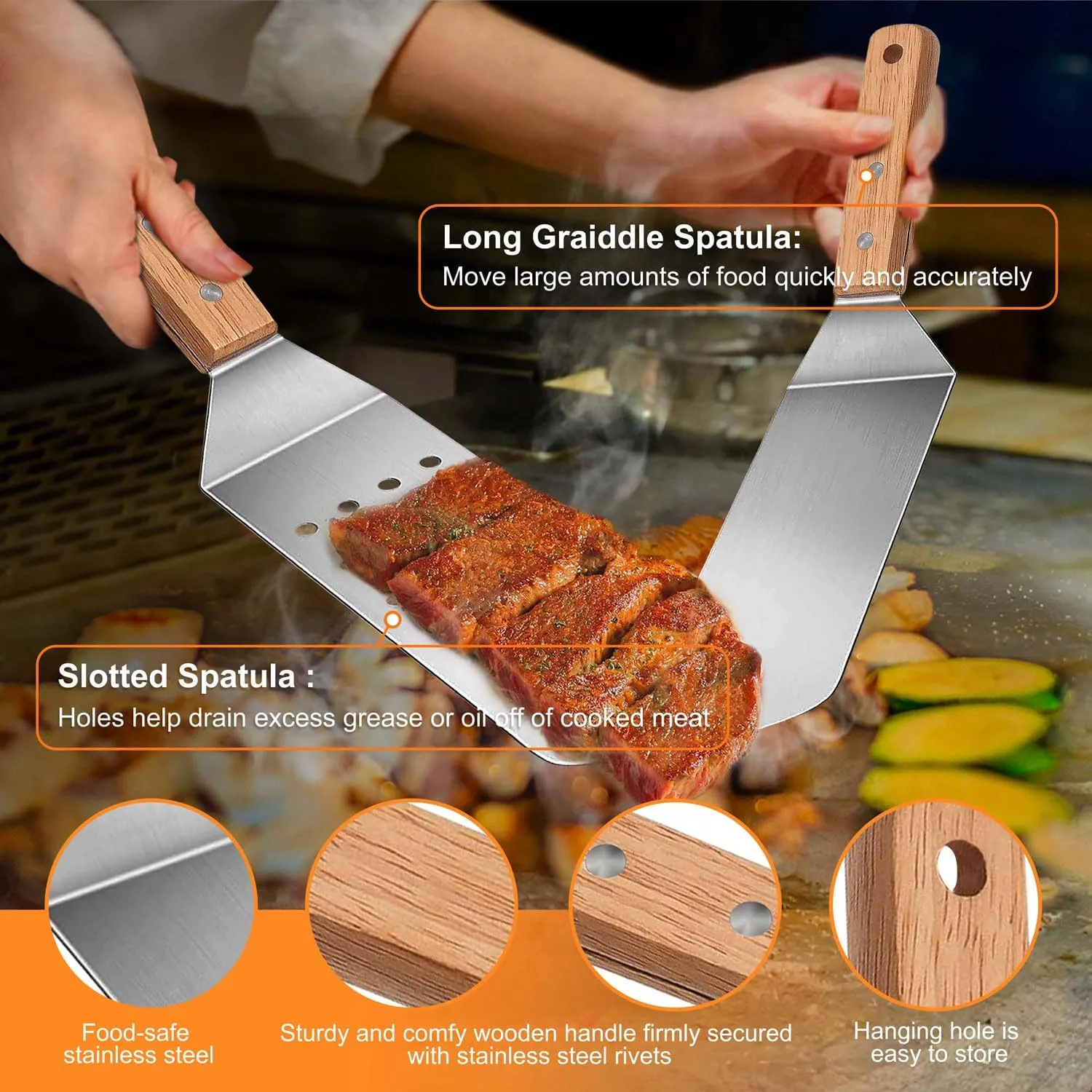 26pcs Griddle Accessories Kit for Blackstone Professional Flat Top Grill Tools, BBQ Spatula Gift Set with Enlarged Spatulas, Burger Press, Thermometer, Apron for Outdoor, Camping, Backyard Teppanyaki