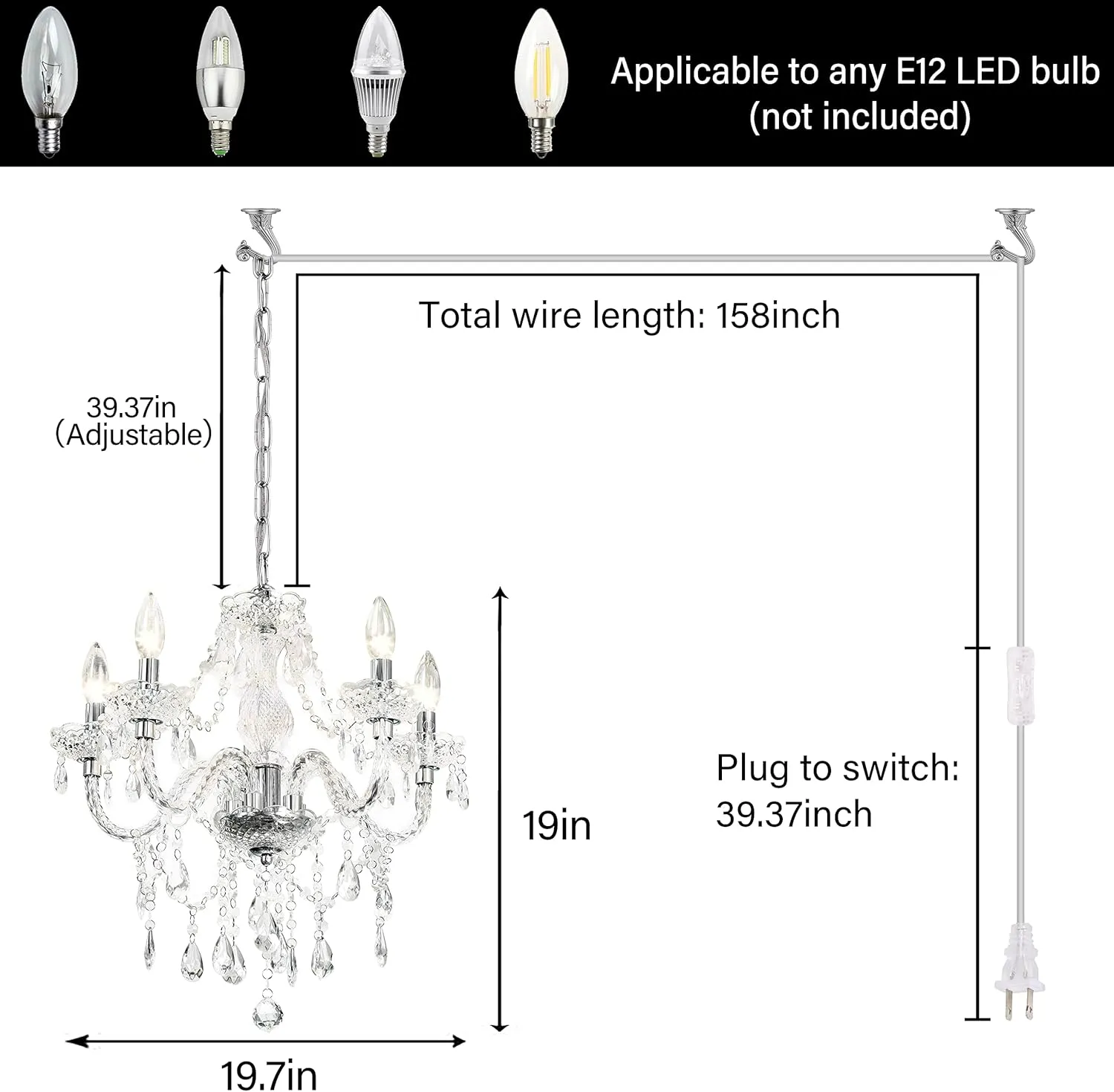 2PCS Plug-in 5 Light Crystal Hanging Pendant Lights Acrylic Chandelier with Clear Cord & On/Off Switch H19 D19.7 for Kitchen Island Girls' Room Dining Area Laundry Pavilion