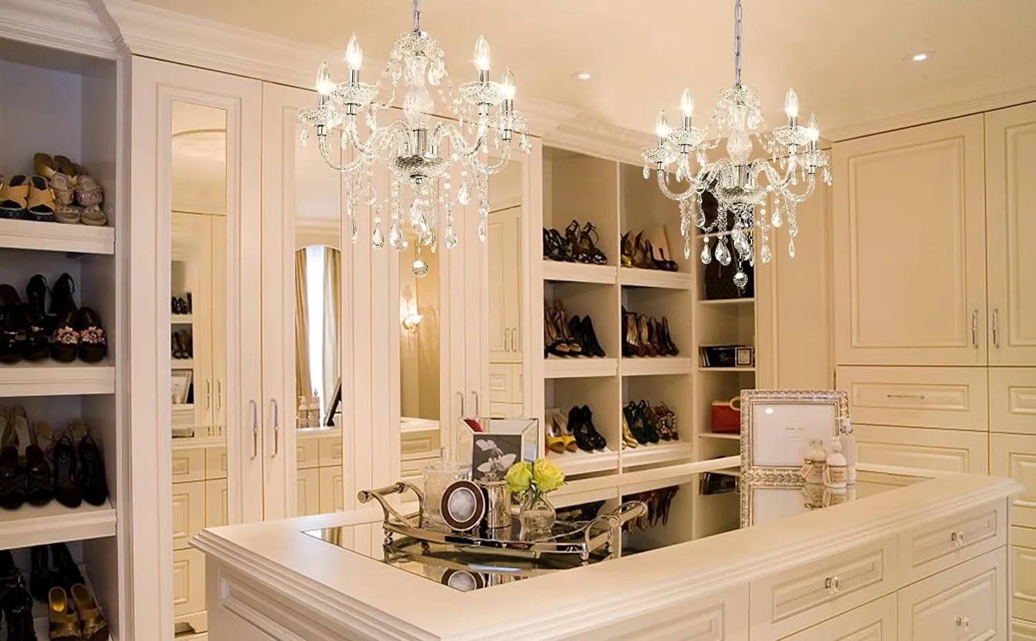 2PCS Plug-in 5 Light Crystal Hanging Pendant Lights Acrylic Chandelier with Clear Cord & On/Off Switch H19 D19.7 for Kitchen Island Girls' Room Dining Area Laundry Pavilion