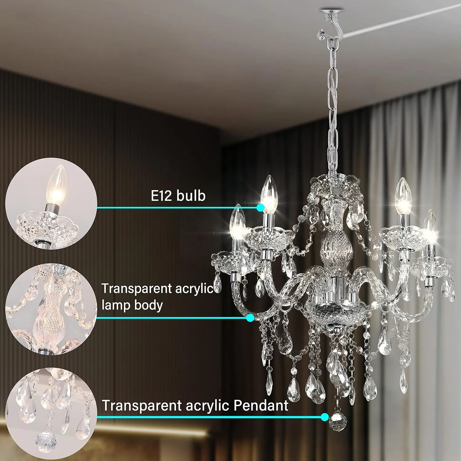 2PCS Plug-in 5 Light Crystal Hanging Pendant Lights Acrylic Chandelier with Clear Cord & On/Off Switch H19 D19.7 for Kitchen Island Girls' Room Dining Area Laundry Pavilion