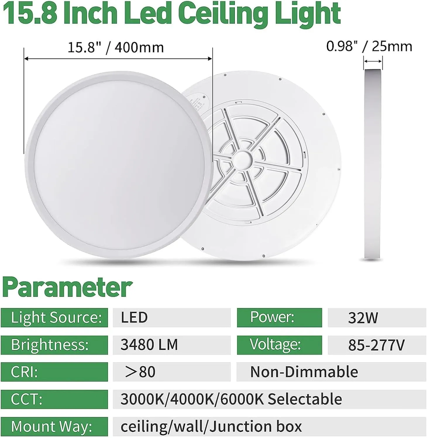 2PK 15.8 Inch LED Flush Mount Ceiling Light, 32W, 3480LM, 3000K/4000K/6000K CCT Selectable, Round Flat Panel Light Low Profile Ceiling Fitures for Hallway, Kitchen, Bedroom, Laundry Room