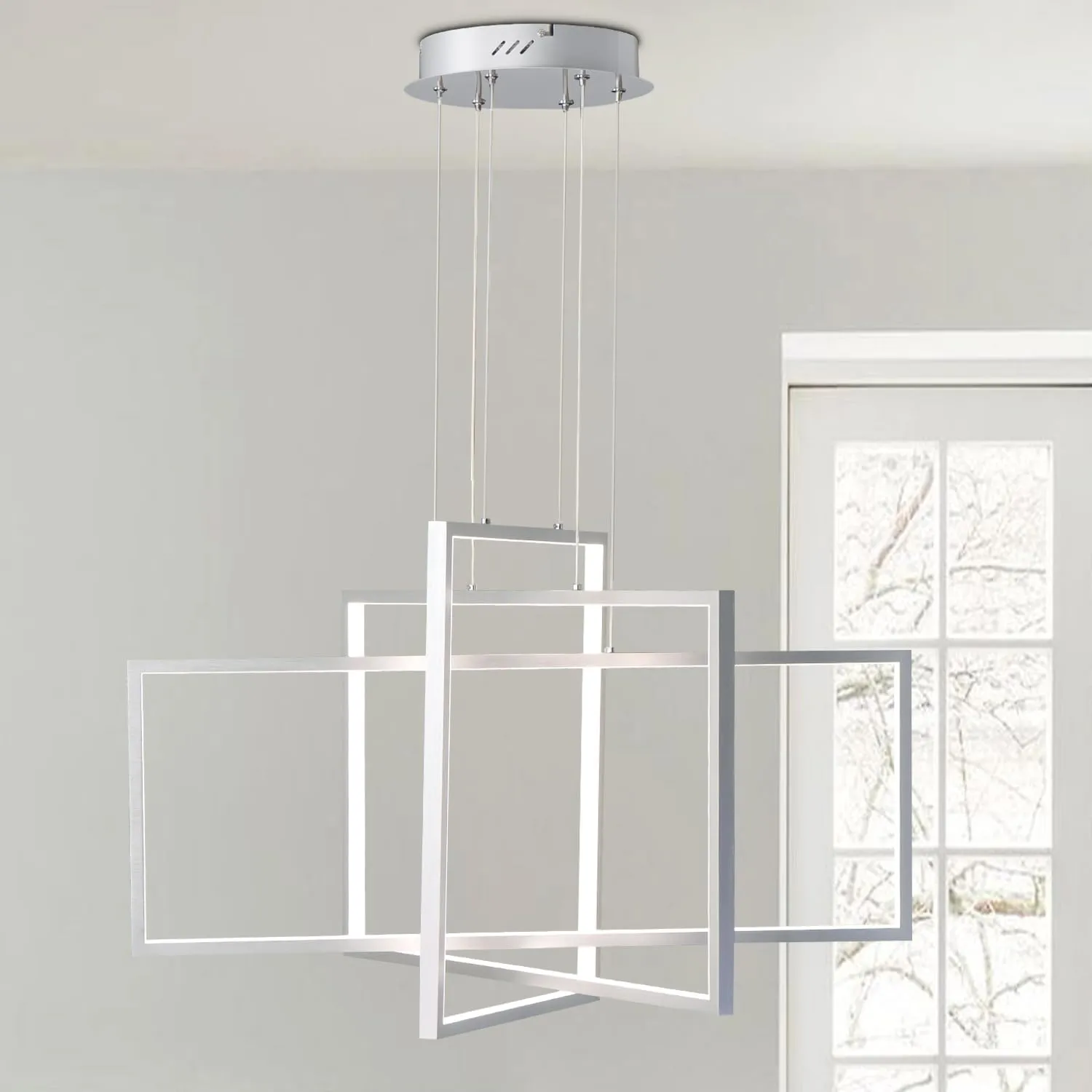 3 Lights Chandelier 31.4" Silver Rectangle Luxury Chandelier for High Ceiling,Living Room Dining Room Pendant Light