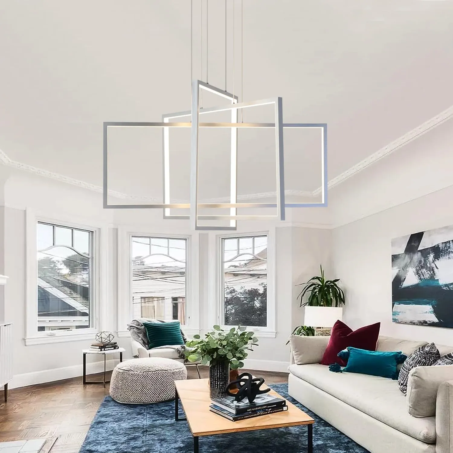 3 Lights Chandelier 31.4" Silver Rectangle Luxury Chandelier for High Ceiling,Living Room Dining Room Pendant Light