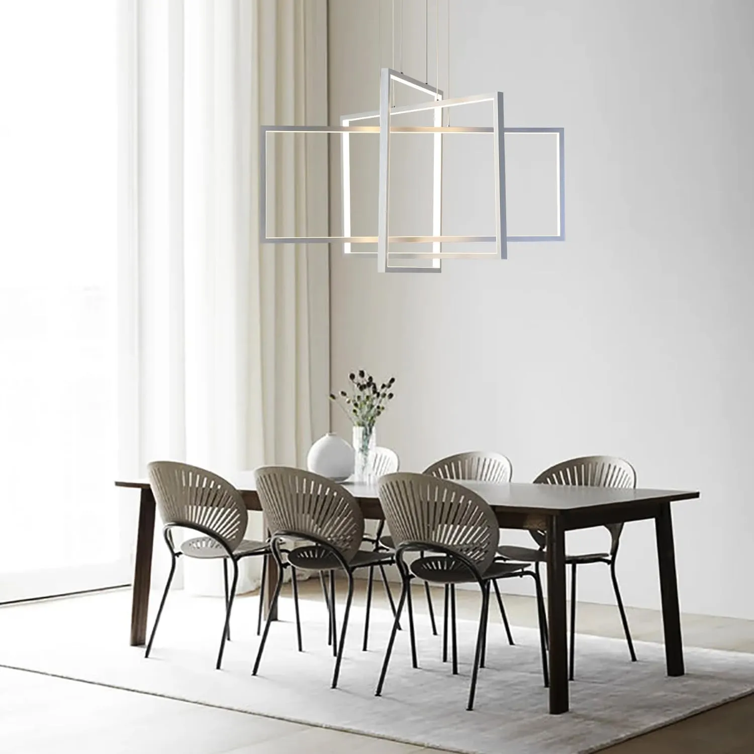 3 Lights Chandelier 31.4" Silver Rectangle Luxury Chandelier for High Ceiling,Living Room Dining Room Pendant Light