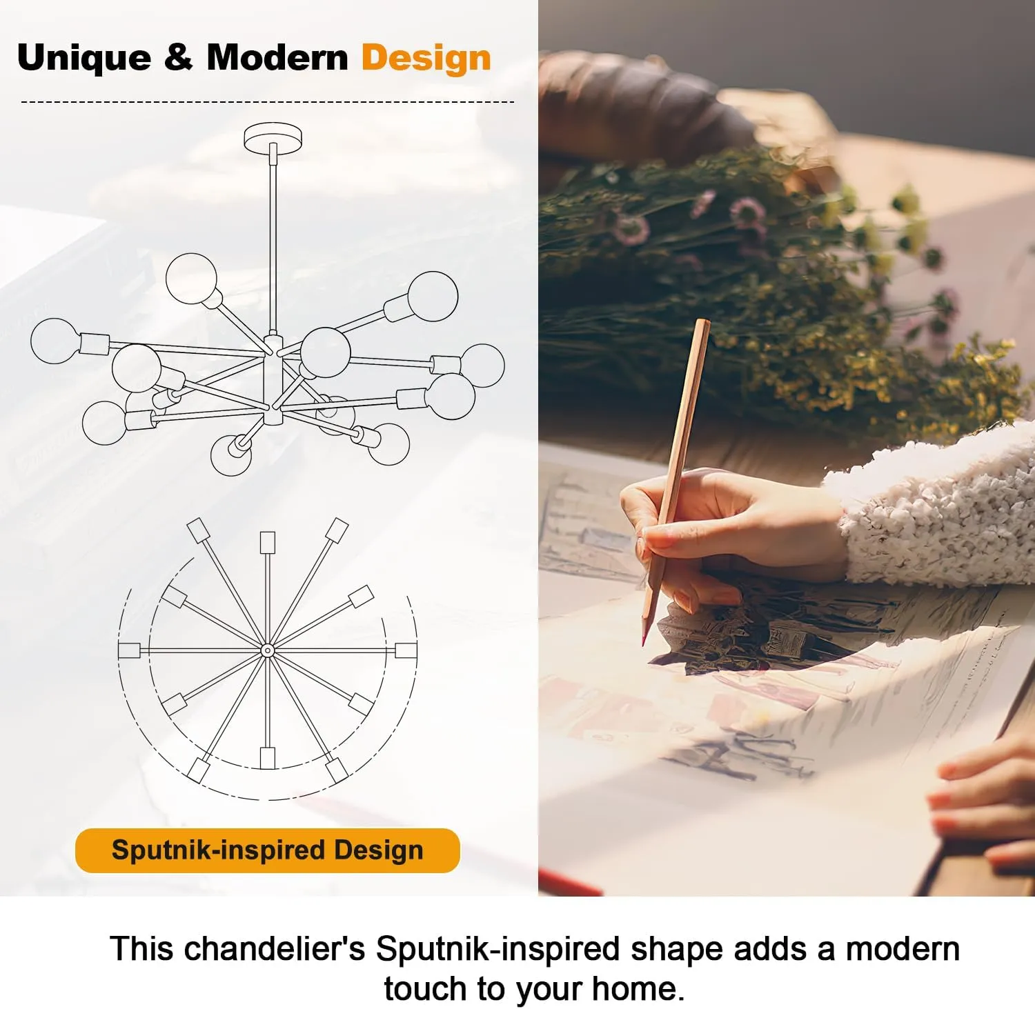 33" Modern Chandelier Ceiling Light Fixture, 12-Light Sputnik Chandeliers Brushed Gold Mid Century Chandelier Over Table, Height Adjustable Chandeliers for Dining Room Living Room Kitchen Island