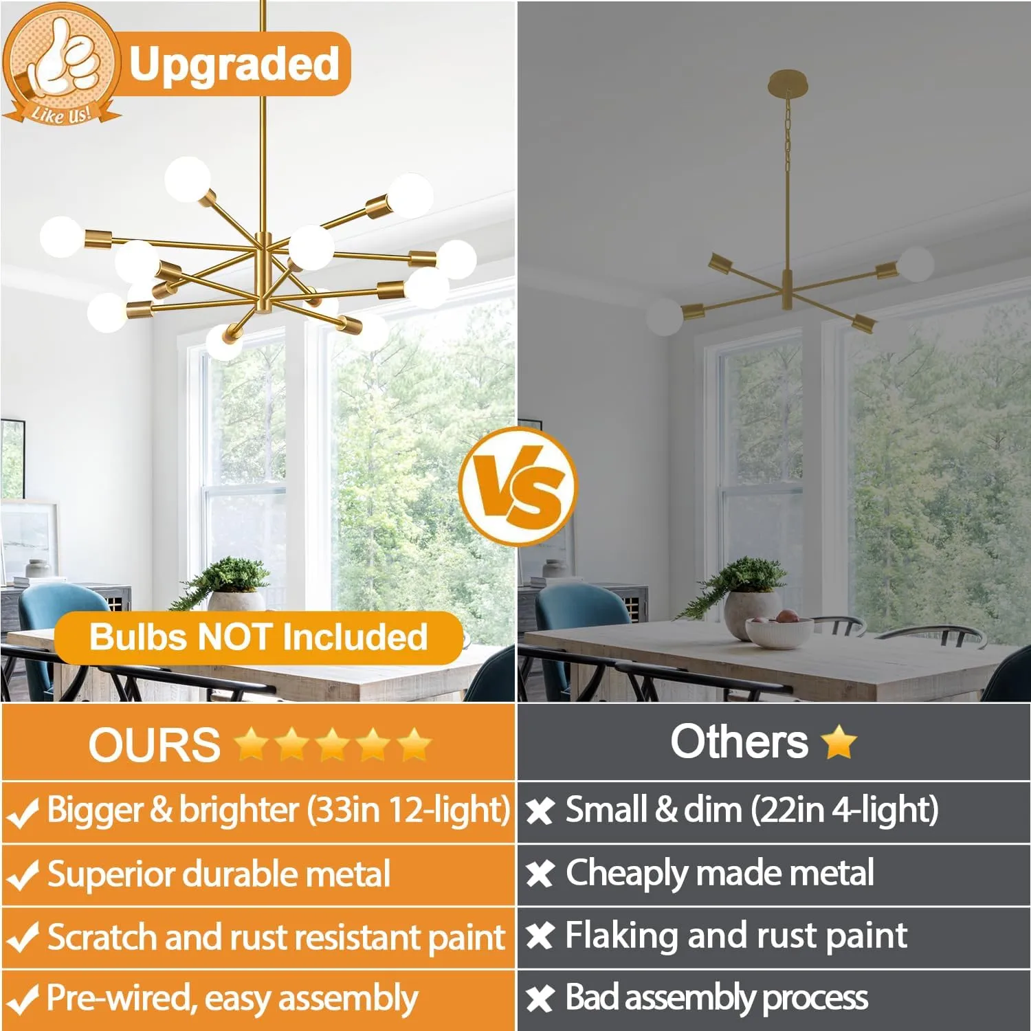 33" Modern Chandelier Ceiling Light Fixture, 12-Light Sputnik Chandeliers Brushed Gold Mid Century Chandelier Over Table, Height Adjustable Chandeliers for Dining Room Living Room Kitchen Island