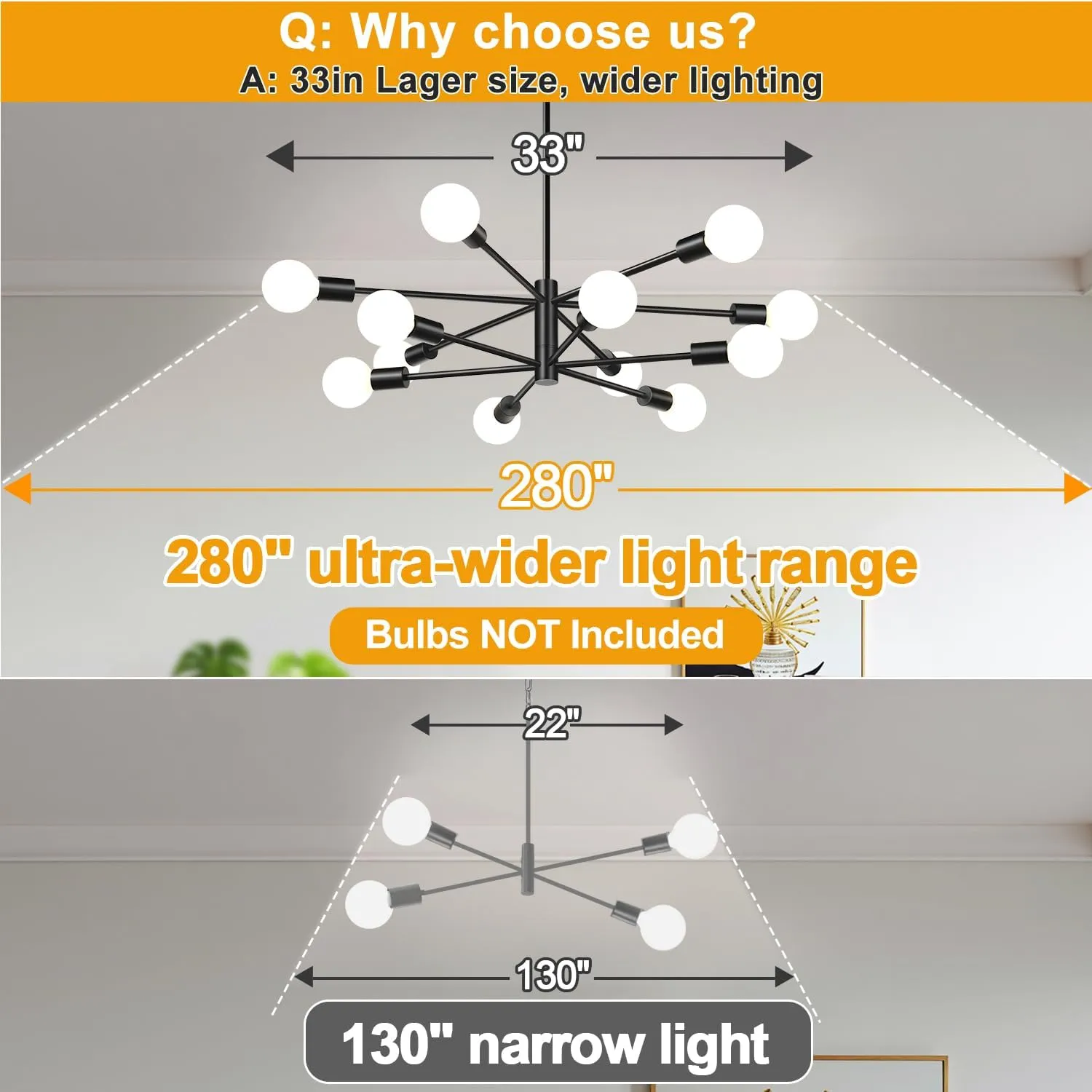 33" Modern Chandelier Ceiling Light Fixture, 12-Light Sputnik Chandeliers Matte Black Mid Century Chandelier Over Table, Height Adjustable Chandeliers for Dining Room Living Room Kitchen Island